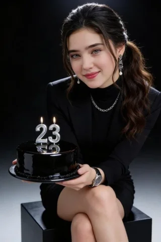 Black Birthday Cake Studio Portrait — Nano Banana 2 AI Prompt: A bold, high-contrast studio photoshoot featuring a woman with the uploaded face...