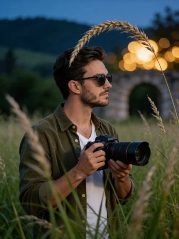 Twilight Meadow Photographer Profile — Nano Banana 2 AI Prompt: Cinematic medium shot of a young man with a trimmed beard and short brown hair,...