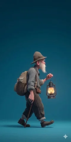 Lantern Elder Hiker 3D Profile — Nano Banana 2 AI Prompt: ​A stylized 3D rendered full-body profile portrait of an elderly male hiker with...