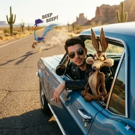Desert Highway Animated Hybrid Still — Nano Banana 2 AI Prompt: A stylish young man wearing a black leather jacket and aviator sunglasses leans...