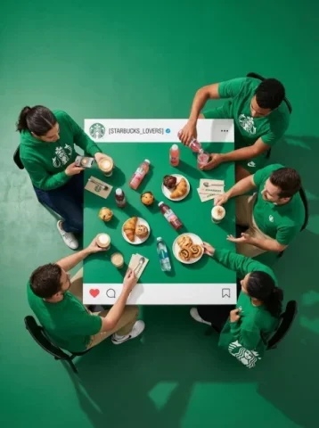 Instagram Tabletop Top-Down Template — Nano Banana 2 AI Prompt: Ultra-wide-angle hyper-realistic shooting in top-down mode. A group of 4 real pe...