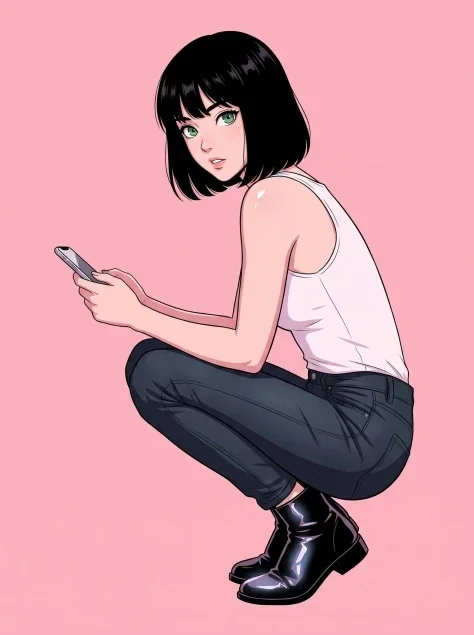 Anime Girl with Smartphone on Pink Backdrop