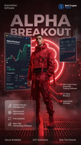 EA Alpha Breakout Fintech Poster — Nano Banana 2 AI Prompt: Ultra-premium futuristic fintech advertisement poster for Bali Crypto Forex soft...