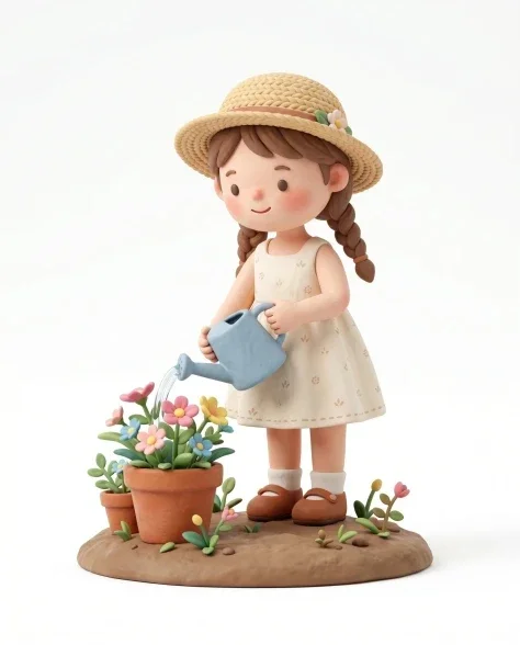 Clay Girl Watering Flowers