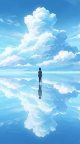 Shinkai-Style Mirror Water Sky — Nano Banana 2 AI Prompt: Subject & Action A lone figure stands perfectly centered in a vast, shallow expa...
