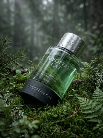 European Cat Forest Fragrance Shot — Nano Banana 2 AI Prompt: Ultra-realistic premium fragrance product shot of a EUROPEAN CAT positioned at a...