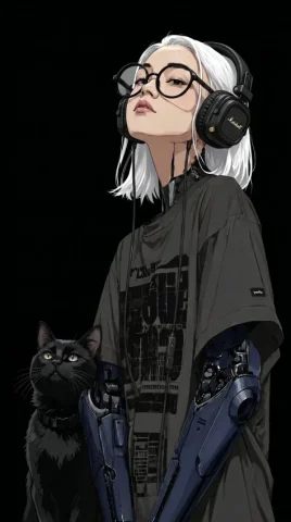 Black Cat Mechanical Arms Character Edit — Nano Banana 2 AI Prompt: In this style, make the cat black, the color of the mechanical arms dark blue, t...