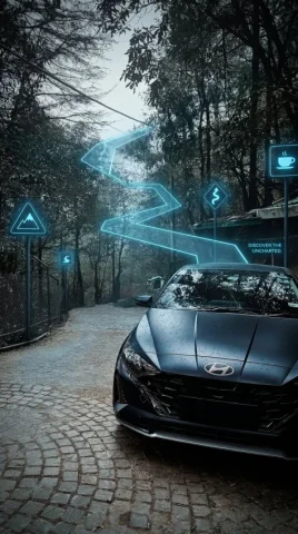 Forest Cobblestone Car Advertisement — Nano Banana 2 AI Prompt: A modern charcoal-grey hatchback sits stationary on a dark, wet cobblestone road...