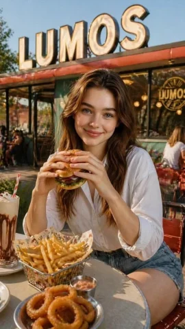 LUMOS Burger Afternoon Scene — Nano Banana 2 AI Prompt: A beautiful young woman with flowing brown hair is sitting at an outdoor table o...