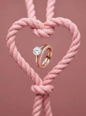Rose Gold Engagement Rings in a Pink Heart Cord — Nano Banana 2 AI Prompt: A pair of intertwined rose gold engagement rings featuring a prominent solitaire...