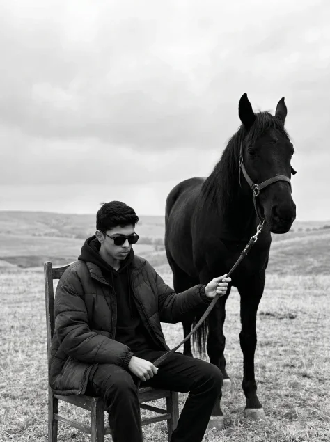 Black-and-White Man and Horse Power Portrait
