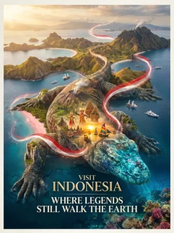 Indonesia Komodo Dragon Tourism Poster — Nano Banana 2 AI Prompt: Create a revolutionary tourism poster for Indonesia where the entire Komodo Arch...