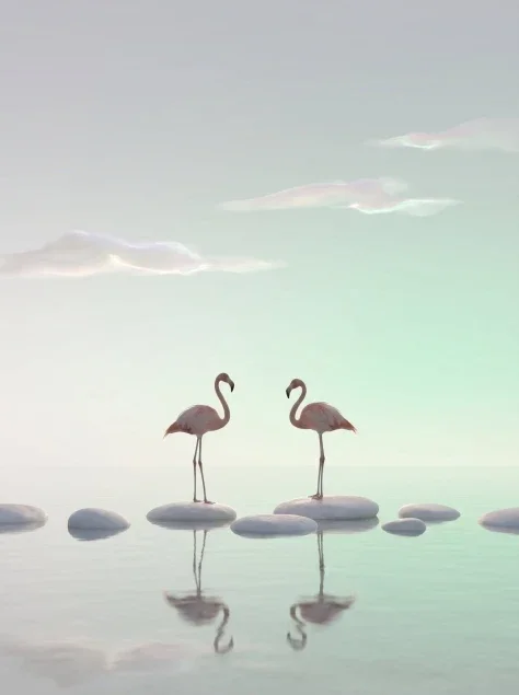 Meditative Flamingos in Misty Shallow Water