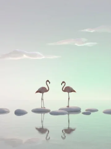 Meditative Flamingos in Misty Shallow Water — Nano Banana 2 AI Prompt: Two leisurely flamingos stand motionless on a patch of smooth, light-colored peb...