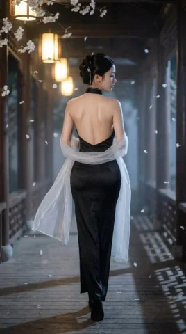 Moonlit Chinese Corridor Wallpaper — Nano Banana 2 AI Prompt: Generate an iPhone 17 Pro Max phone wallpaper: an adult East Asian woman, 9:16 v...