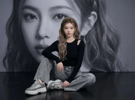 Fashion Portrait with Giant Grayscale Face Mural — Nano Banana 2 AI Prompt: Create a cinematic 16:9 editorial fashion portrait of a beautiful young Asian wo...