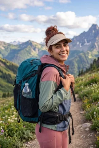 Alpine Hiking Trail Over-Shoulder Portrait — Nano Banana 2 AI Prompt: A young woman with auburn hair tied up in a messy bun, wearing a beige visor, st...