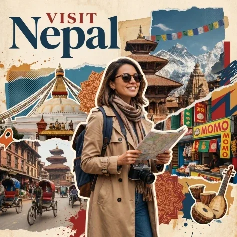 Visit Nepal Travel Poster Collage — Nano Banana 2 AI Prompt: Create a stylized travel poster / graphic collage for Nepal. The main subject sh...