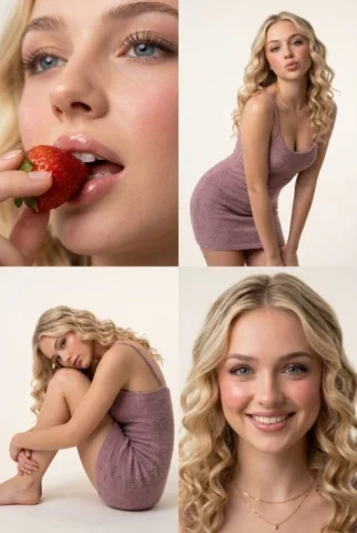 Strawberry Studio Portrait Collage — Nano Banana 2 AI Prompt: Ultra-photorealistic 8K studio portrait collage of a woman with long, voluminous...