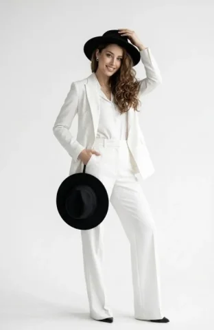 White Pantsuit Studio — Nano Banana 2 AI Prompt: A full-length studio portrait of a confident, smiling woman with long, wavy brow...