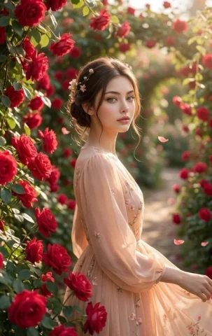 Korean Rose Garden — Nano Banana 2 AI Prompt: Ultra-realistic cinematic portrait of a beautiful young Korean girl standing in...