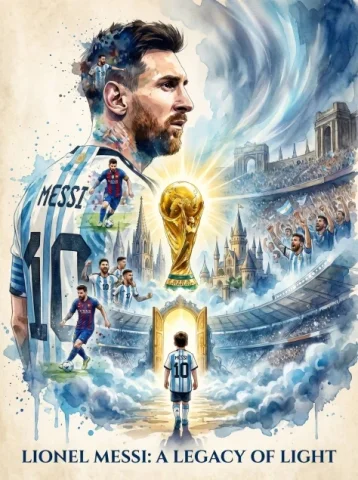 Messi Legacy Watercolor — Nano Banana 2 AI Prompt: Epic cinematic watercolor poster of Lionel Messi, giant side-profile portrait do...