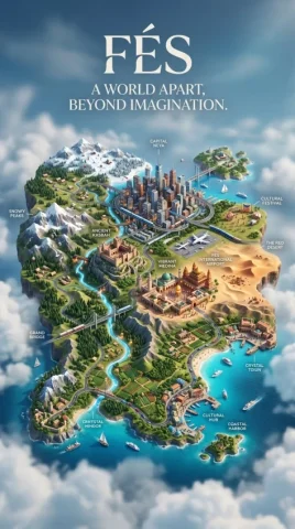 Fes Miniature Floating-Island Travel Map — Nano Banana 2 AI Prompt: Create an ultra-detailed hyper-realistic 9:16 cinematic miniature world map of f...
