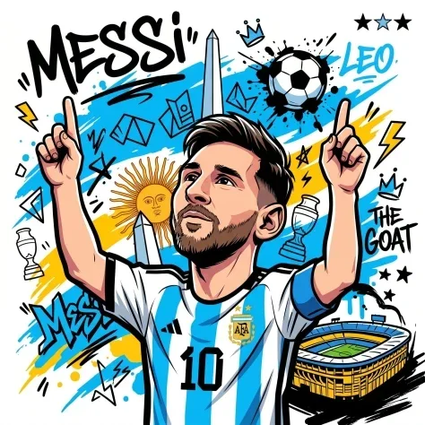 Messi Graffiti Chibi Celebration Illustration — Nano Banana 2 AI Prompt: A high-contrast vector-art illustration of Lionel Messi in a dynamic chibi-anime...