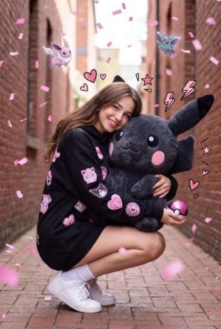 Kawaii Pink Alley Plush Fantasy — Nano Banana 2 AI Prompt: A hyper-realistic full-body portrait of a cute young woman crouching in a narrow...