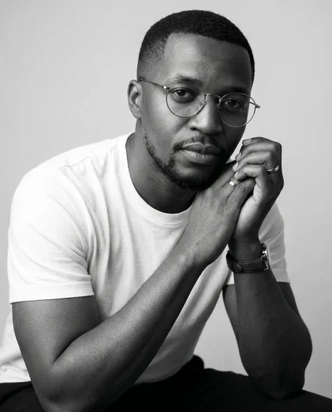 Black and White Thoughtful Studio Portrait