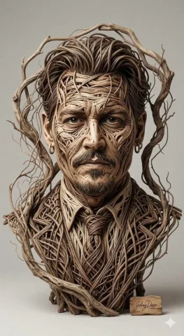 Botanical Vine Relief Portrait — Nano Banana 2 AI Prompt: Organic sculptural portrait art made entirely from intertwined dried vines, twis...
