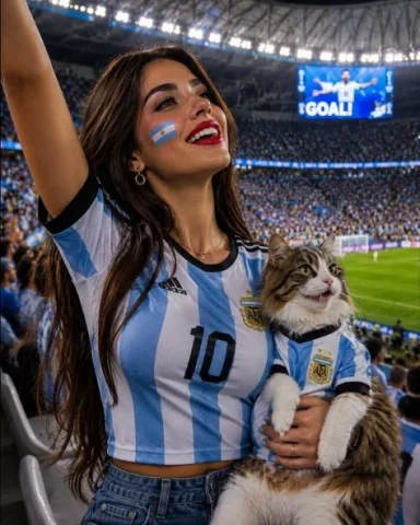 World Cup Fan with a Cat — Nano Banana 2 AI Prompt: A beautiful, gorgeous young woman sitting in a packed FIFA World Cup stadium und...