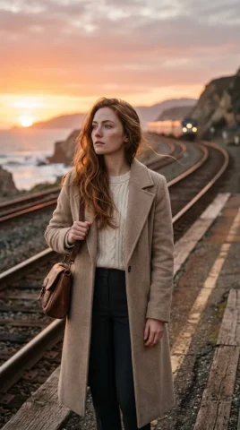 Sunset Railway Platform Fashion Portrait — Nano Banana 2 AI Prompt: Ultra-realistic cinematic portrait of a beautiful young woman with long wavy aub...