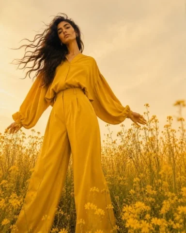 Mustard Yellow Wildflower Fashion Editorial — Nano Banana 2 AI Prompt: Full-body fashion editorial shot, woman in monochromatic mustard-yellow oversize...