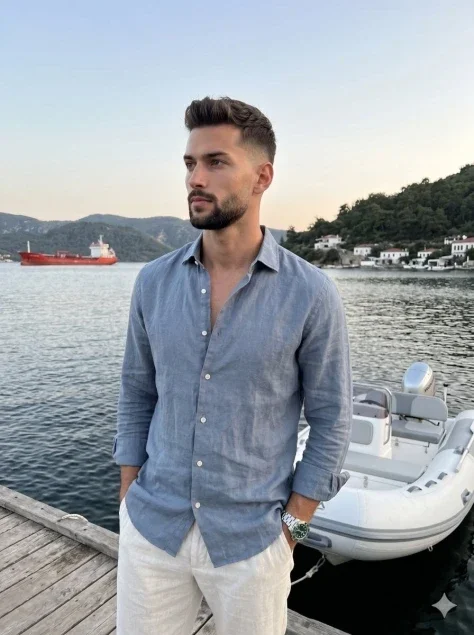 Twilight Dock Linen Shirt Portrait