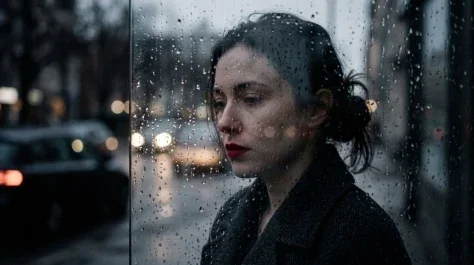 Red Lips Behind Rainy Glass Cinematic Portrait