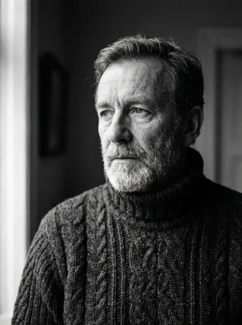 Black-and-White Cable-Knit Turtleneck Portrait