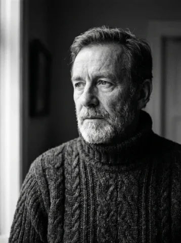 Black-and-White Cable-Knit Turtleneck Portrait — Nano Banana 2 AI Prompt: This is a black-and-white portrait photograph with strong emotional weight, feat...