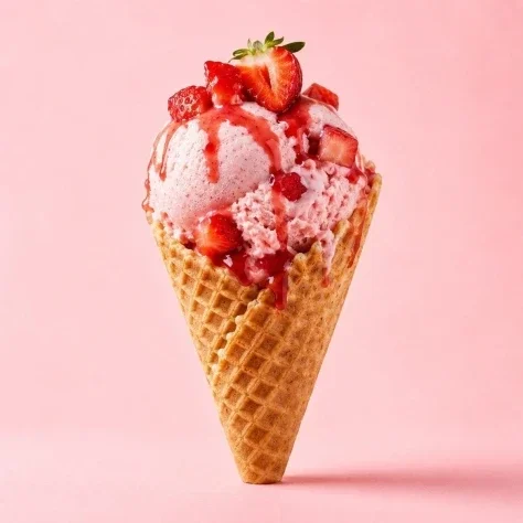 Strawberry Ice Cream Commercial Infographic — Nano Banana 2 AI Prompt: A premium dessert product photograph of a strawberry ice cream cone centered aga...