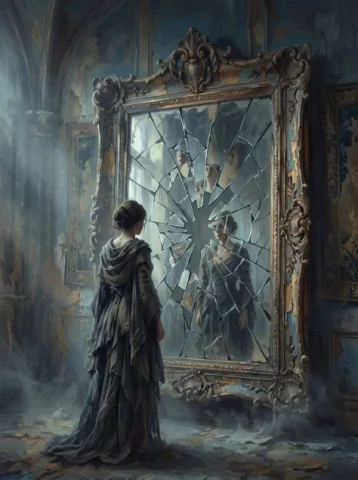 Melancholy Reflection in a Shattered Frame — Nano Banana 2 AI Prompt: A lone woman stands before a shattered, ornate picture frame, her reflection dis...