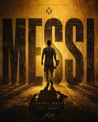 Minimal Messi Legacy Sports Poster — Nano Banana 2 AI Prompt: A striking minimalist cinematic poster with a solid deep Argentina sky-blue text...