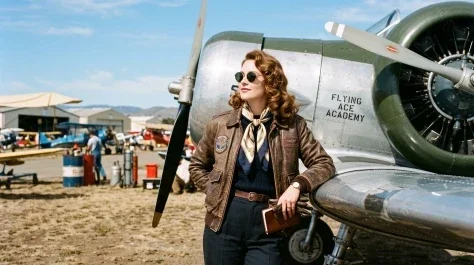 Vintage Aviator Airfield Portrait — Nano Banana 2 AI Prompt: A cool, retro-inspired portrait of a woman leaning against the wing of a vintage...