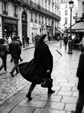 Black-and-White Windy Street Walk — Nano Banana 2 AI Prompt: black and white photograph of a vogue fashion shoot. a 20-year-old woman with da...