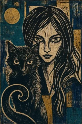 Expressionist Linocut Woman and Cat — Nano Banana 2 AI Prompt: A dramatic Expressionist linocut print on raw, ink-textured paper. A young woman...