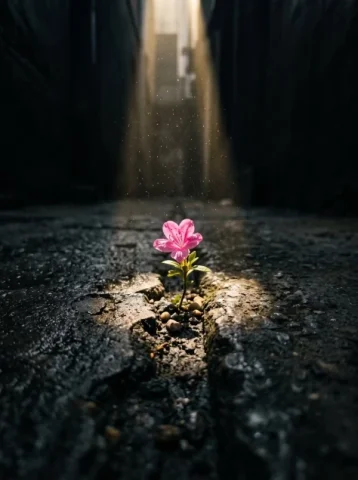 Pink Flower in a Golden Alley Beam — Nano Banana 2 AI Prompt: A cinematic macro shot of a small, bright pink flower sprouting through a crack...