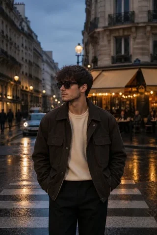 Rainy Paris Blue-Hour Menswear Editorial — Nano Banana 2 AI Prompt: Create a luxury travel fashion editorial portrait of a young man standing on a r...