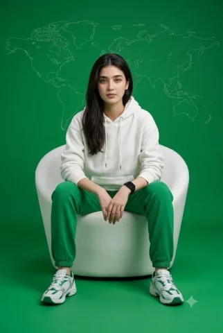 Green Studio World Map Athletic Portrait — Nano Banana 2 AI Prompt: A hyper-realistic 8k studio portrait, captured with a 50mm lens at eye-level, fe...