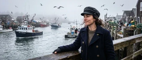 Foggy Fishing Village Peacoat Portrait — Nano Banana 2 AI Prompt: Digital close up photo of a woman, ((most natural skin)), brunette woman,(clear...