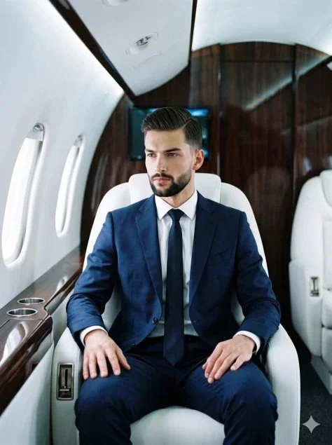 Navy Suit Portrait Inside a Private Jet