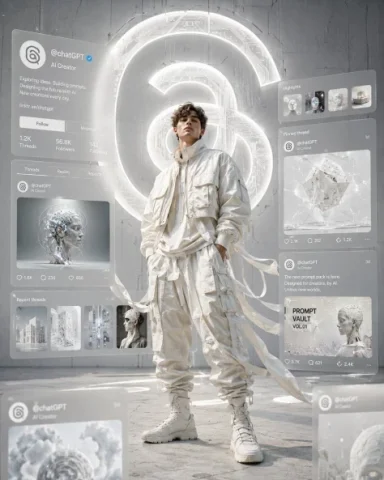 Threads-Inspired Techwear Magazine Cover — Nano Banana 2 AI Prompt: Ultra-cinematic editorial digital artwork in a clean white monochrome aesthetic...